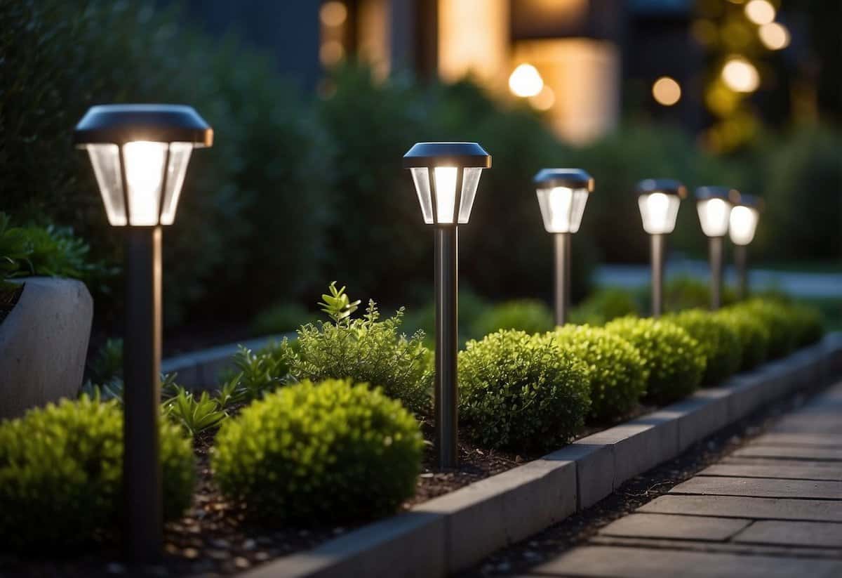 A row of solar-powered garden lights illuminates a modern front garden, casting a warm glow on the neatly trimmed bushes and sleek, contemporary landscaping