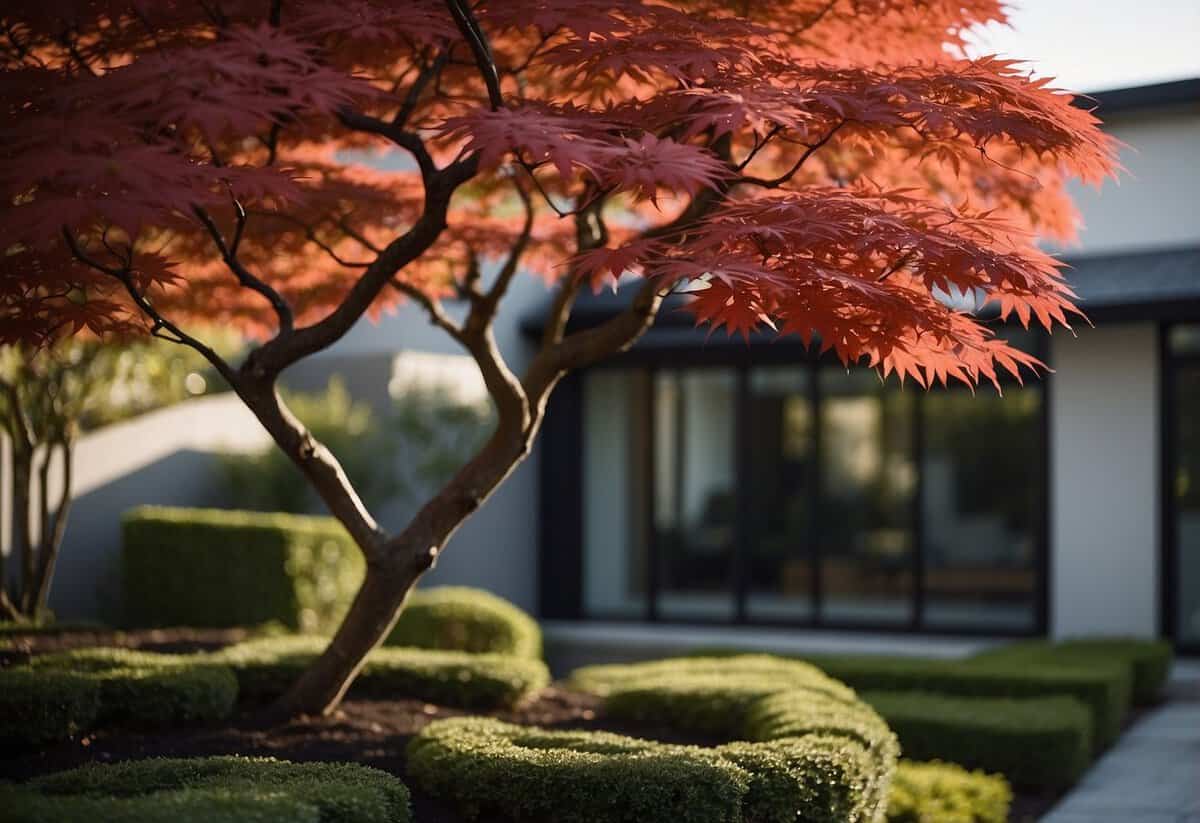 A Japanese Maple tree stands in a modern front garden, surrounded by clean lines and minimalist design. The tree's vibrant red leaves create a striking focal point in the serene and contemporary outdoor space