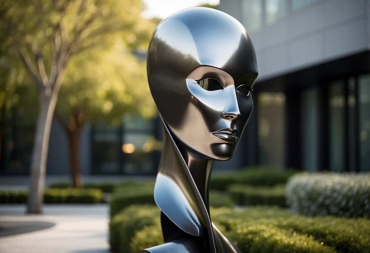 A sleek steel sculpture stands amidst a contemporary front garden, complementing the modern landscape design