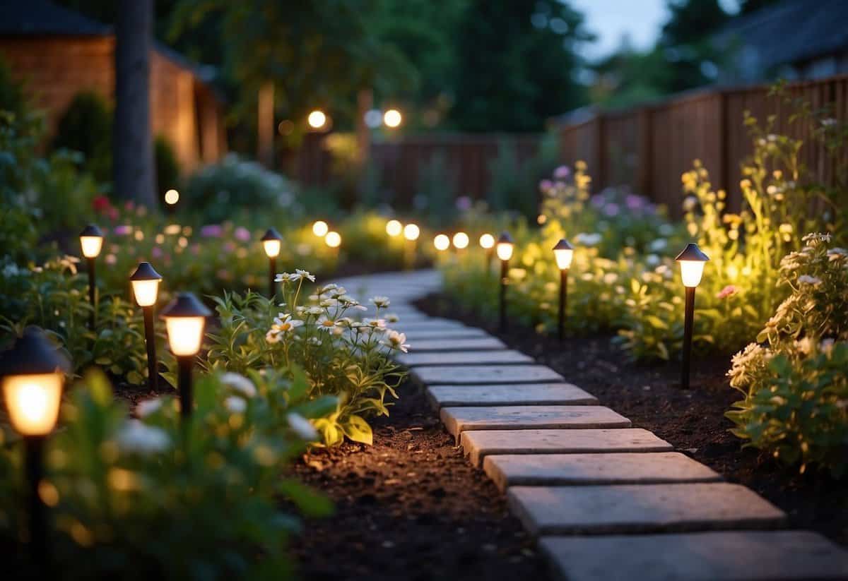 A backyard garden with solar-powered lights illuminating the pathway and highlighting the surrounding plants and flowers