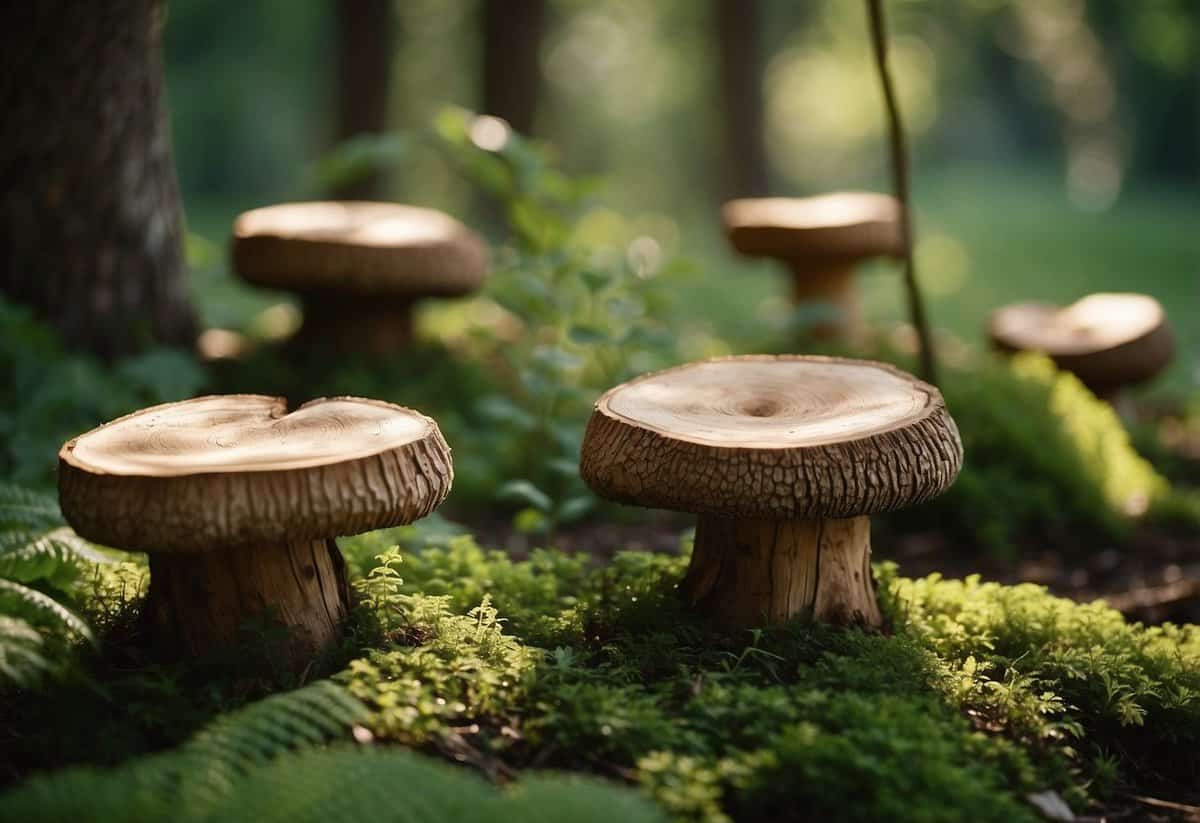 Lush garden with mushroom-shaped stools made from tree stumps