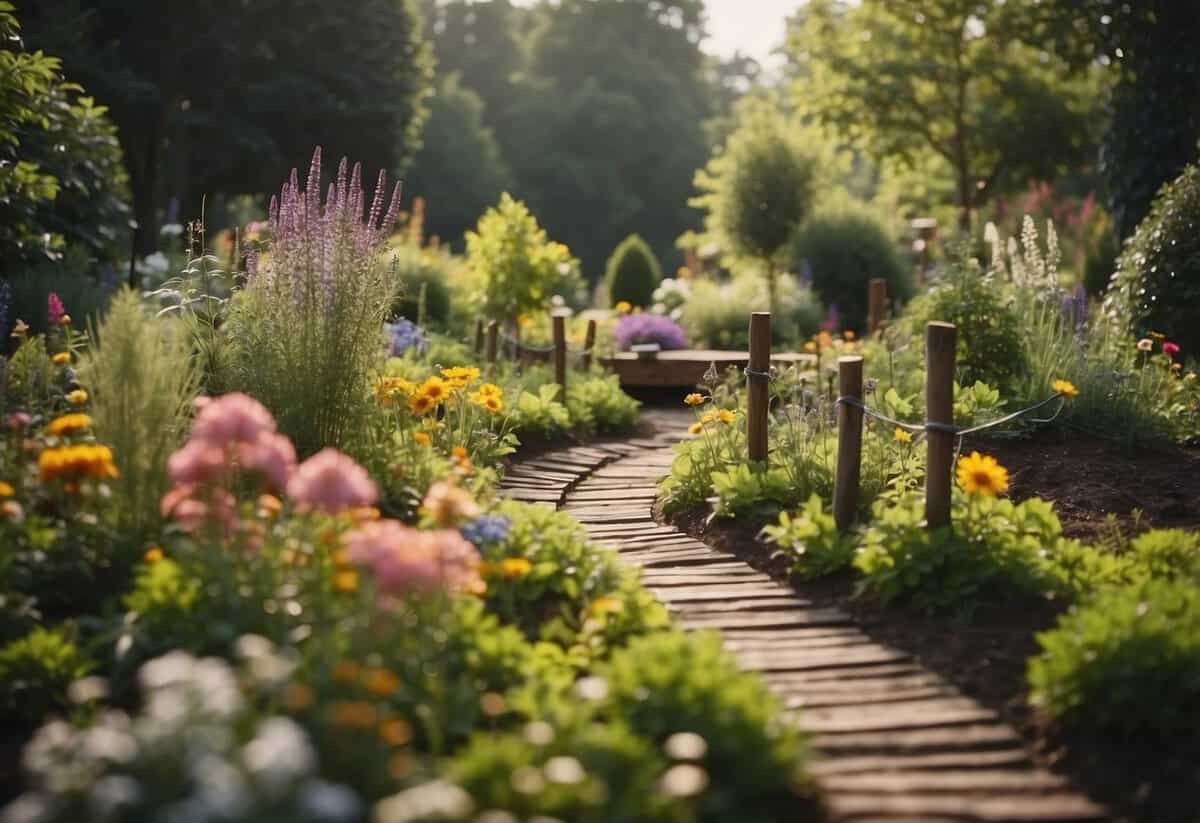 A lush herb garden with tree stumps as planters, surrounded by colorful flowers and winding pathways