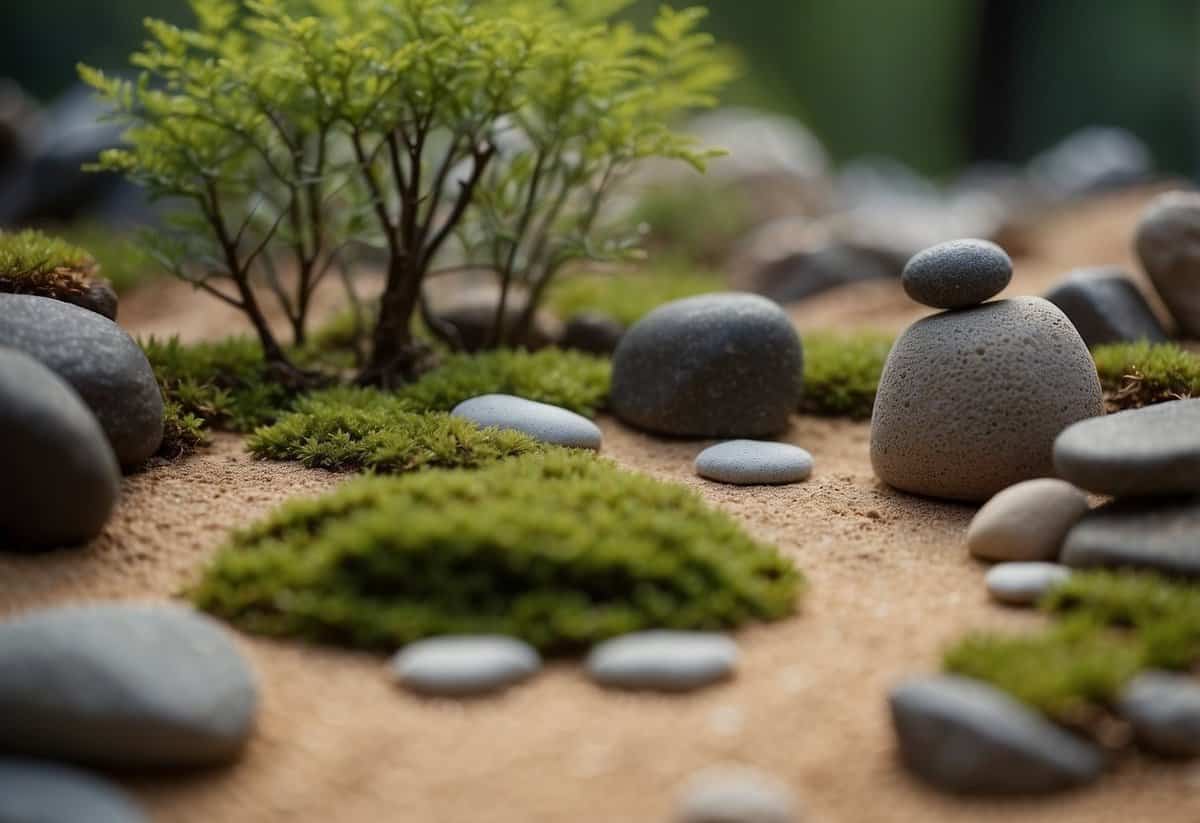 A mini Zen garden with tree stumps arranged in a tranquil pattern, surrounded by small rocks and sand