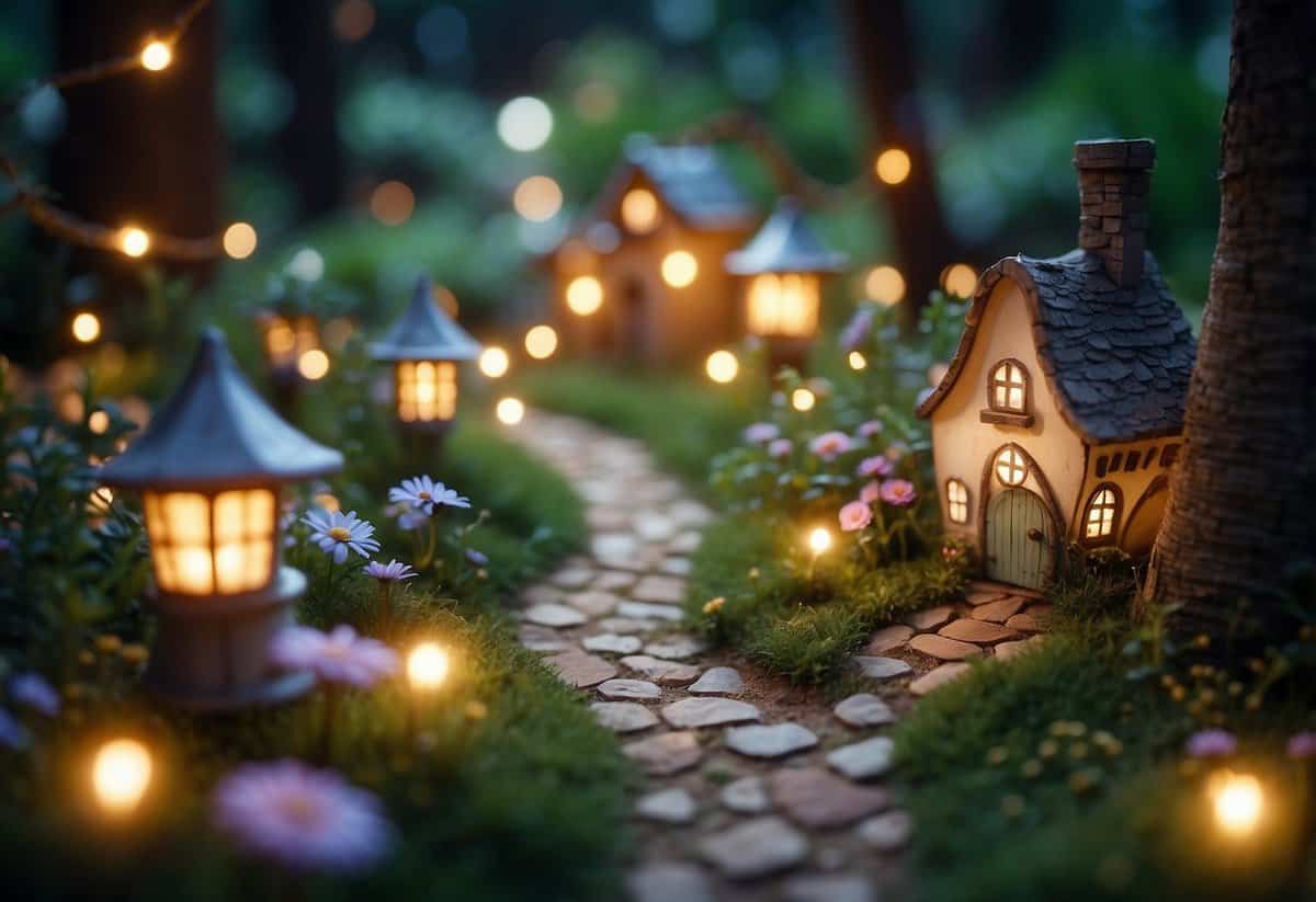 A winding pathway through a lush garden, lined with colorful flowers and twinkling fairy lights, leading to a charming little fairy house nestled among the greenery