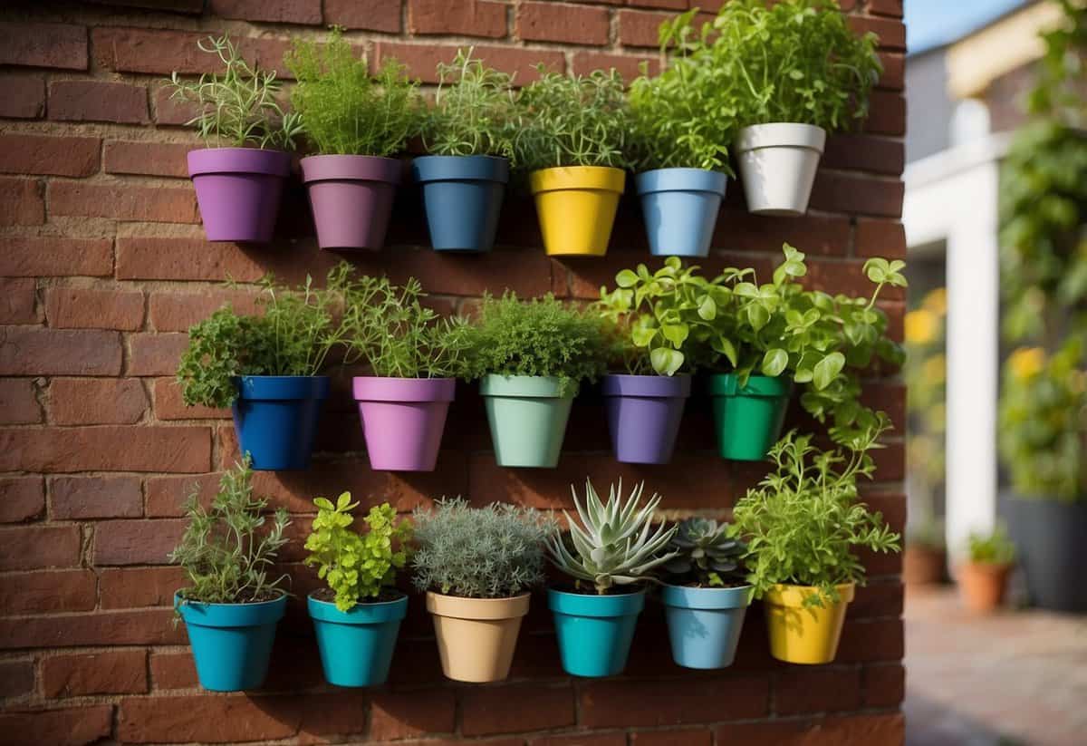 A vertical herb garden hangs on a sunny front yard wall, with a variety of herbs cascading down in colorful pots