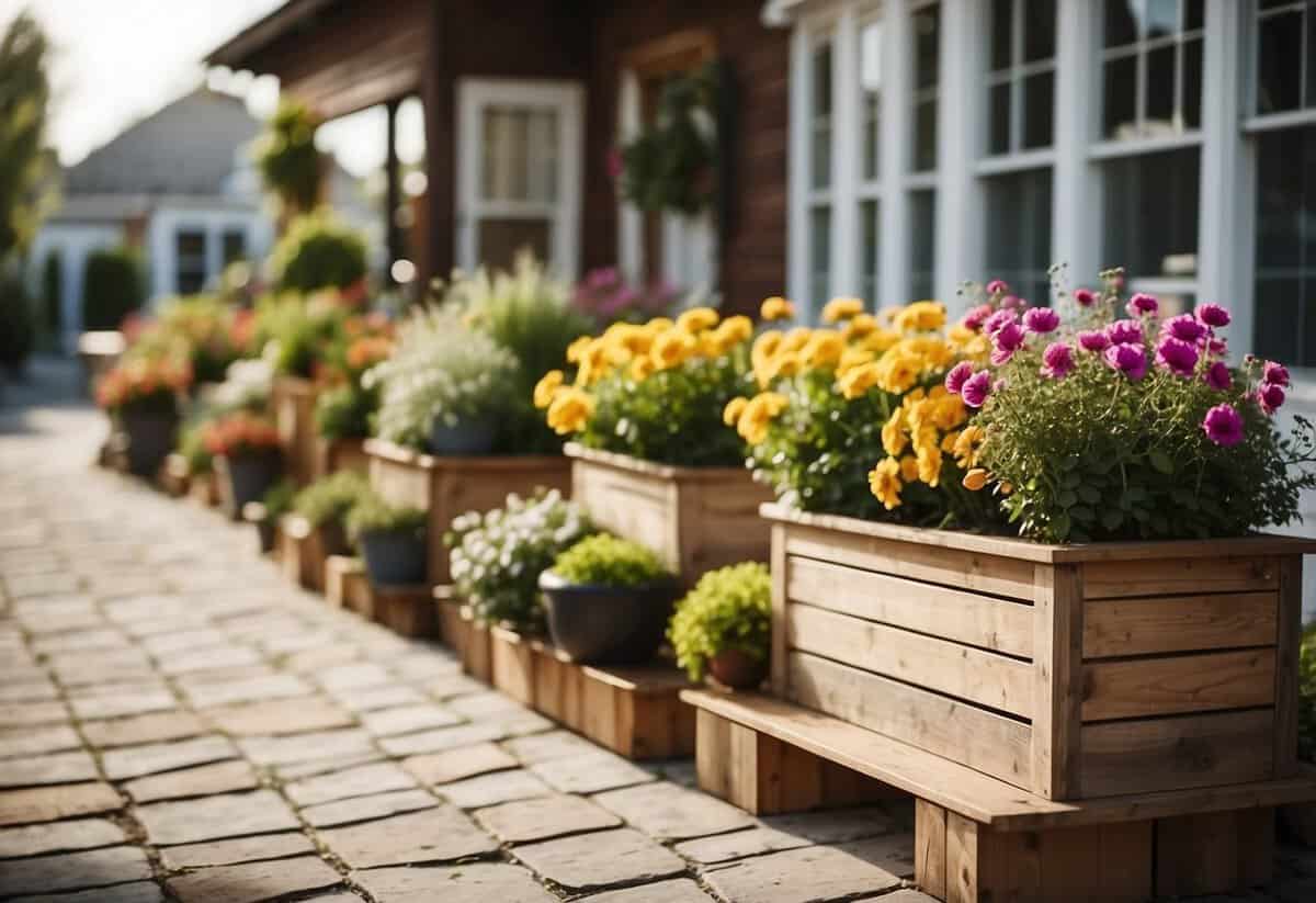 A quaint front yard with rustic wooden planters filled with colorful flowers and greenery. The planters are arranged neatly, adding charm to the small garden space