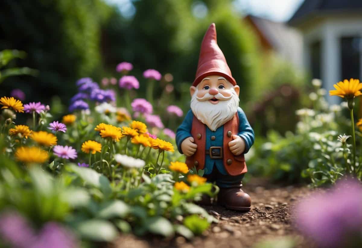 A whimsical garden gnome stands among colorful flowers and lush greenery in a small front yard garden