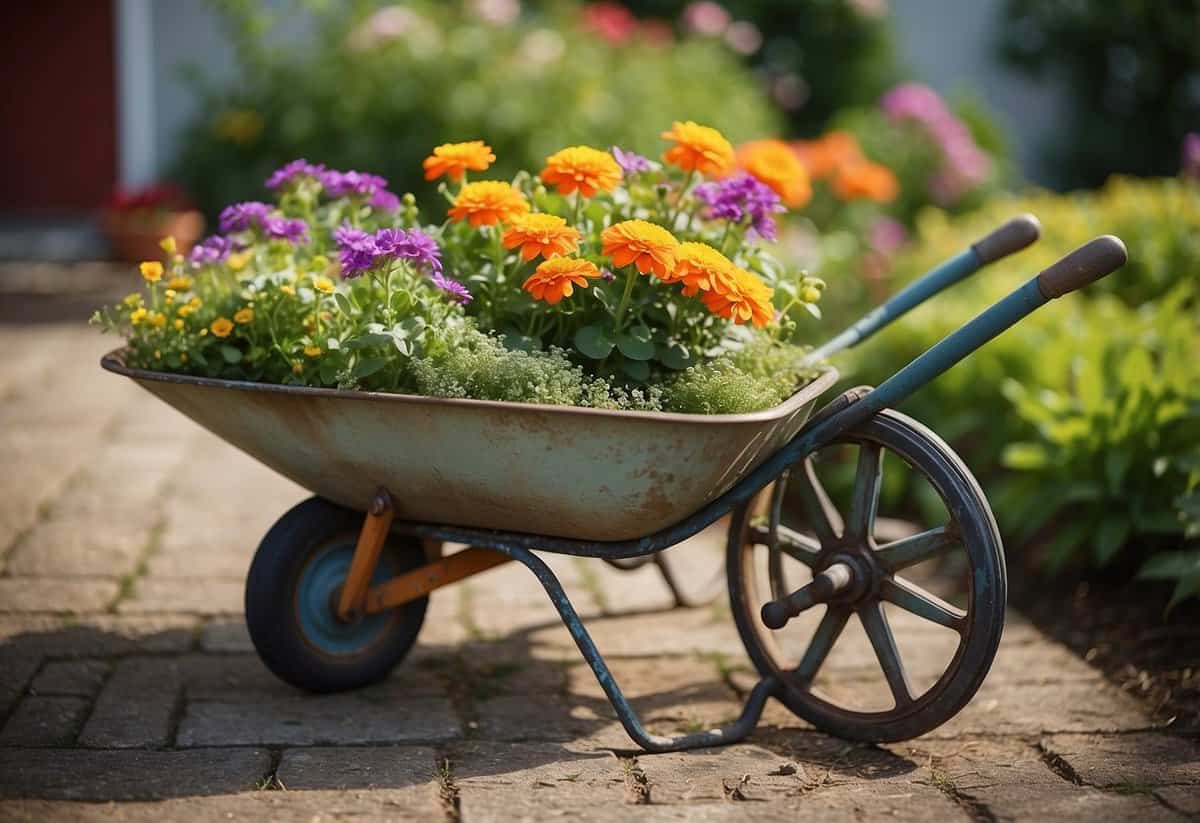 A vintage wheelbarrow planter sits in a small front yard garden, filled with colorful flowers and surrounded by neatly trimmed greenery