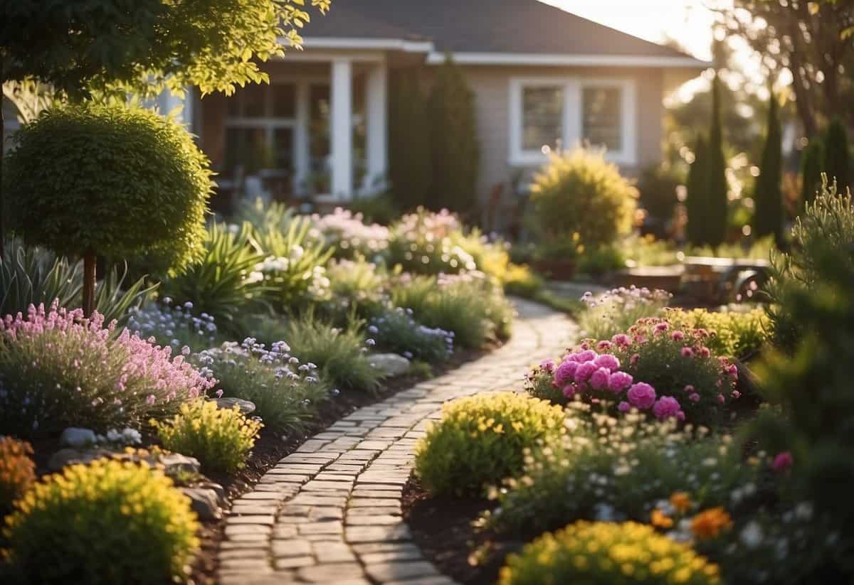 A small front yard garden with winding pathways, defined boundaries, and various plantings in full bloom