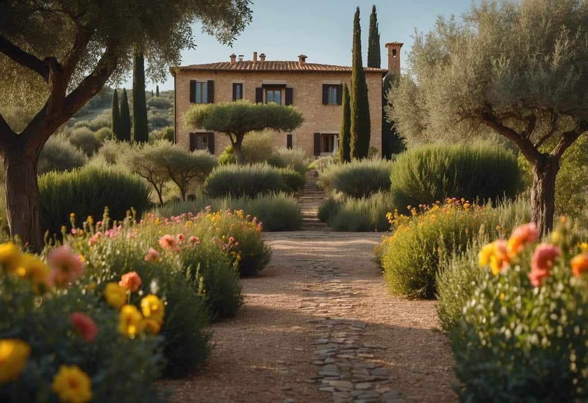 A serene Tuscan garden with rows of vibrant green olive trees, surrounded by colorful flowers and lush foliage. A stone pathway winds through the garden, leading to a charming rustic villa in the distance