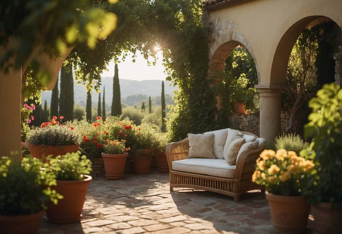 A Tuscan garden with wicker furniture, surrounded by lush greenery and colorful flowers, basking in the warm sunlight