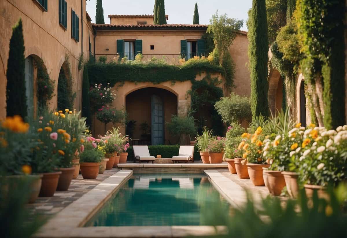 A serene Tuscan garden with multiple plunge pools nestled among lush greenery and vibrant flowers, creating a tranquil and inviting outdoor oasis