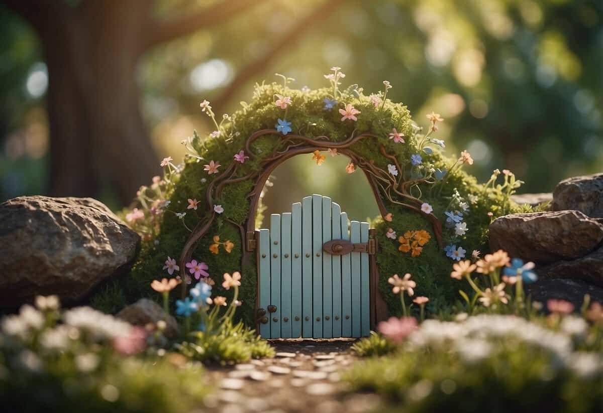 A child-sized fairy gate sits under a tree in a whimsical garden, surrounded by tiny flowers and magical creatures