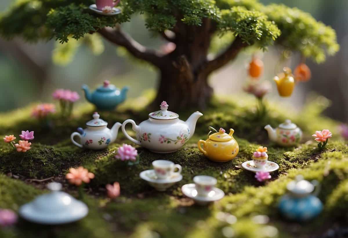 Teeny Tiny Teapots fairy garden nestled under a sprawling tree, with miniature teapots serving as homes for tiny fairies and colorful flowers blooming all around