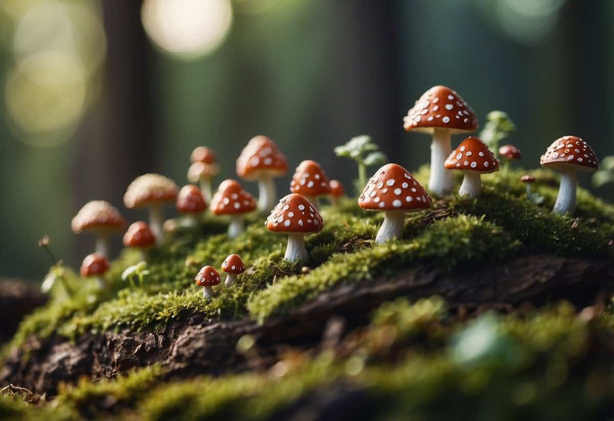 Miniature Mushroom Homes nestled under a tree in a whimsical fairy garden