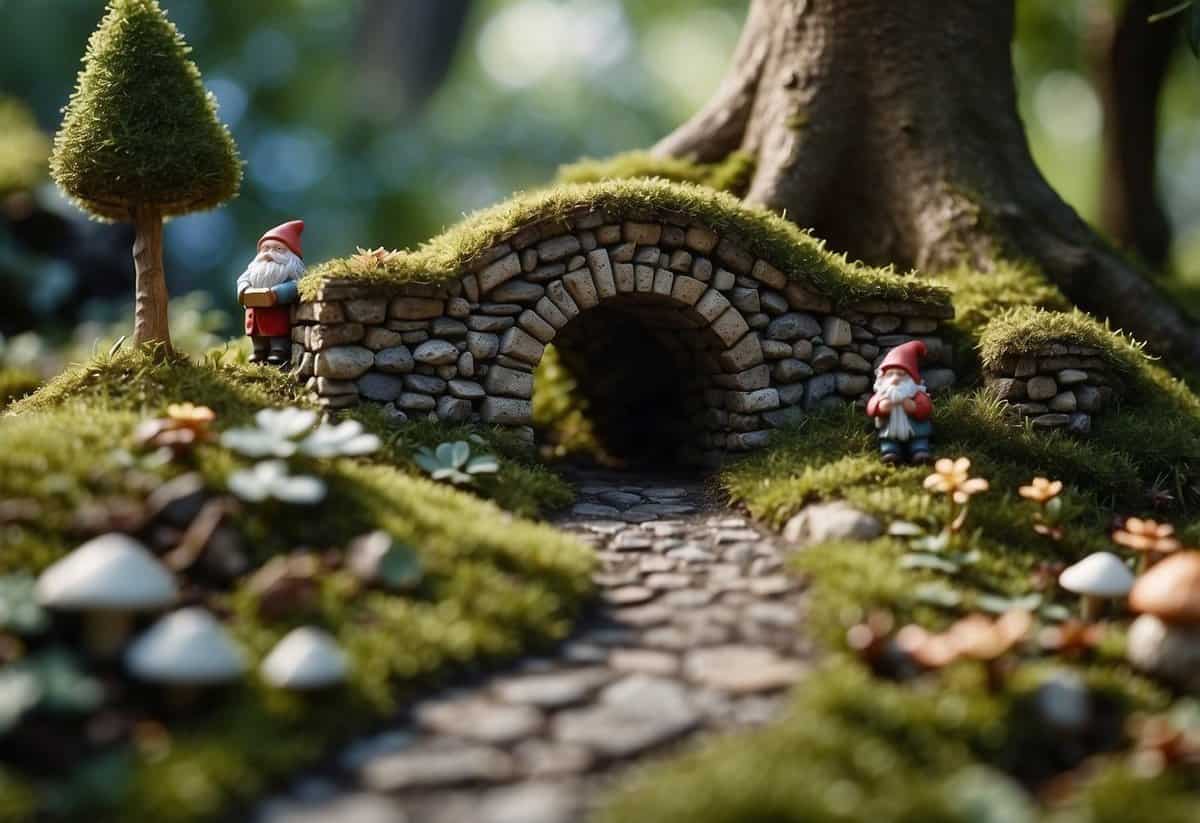 A small stone bridge guarded by gnomes, nestled in a fairy garden beneath a sprawling tree