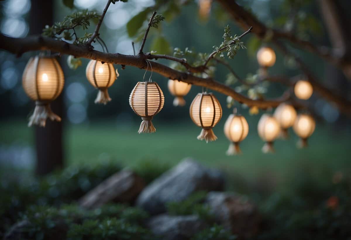 Mini fairy lanterns hang from branches in a whimsical fairy garden under a tree