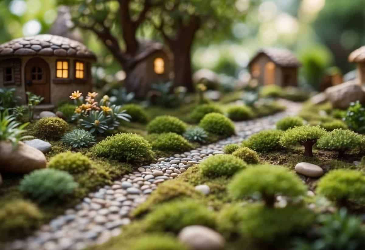 A winding pebble pathway leads through a lush fairy garden under a majestic tree. Miniature plants, tiny houses, and whimsical decorations create a magical scene