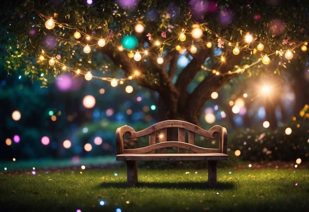 A whimsical fairy bench nestled under a sprawling tree, surrounded by twinkling lights and colorful flowers in an enchanted garden setting