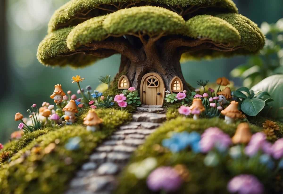 A whimsical fairy garden nestled under a tree, with tiny woodland creatures frolicking amidst colorful flowers and lush greenery