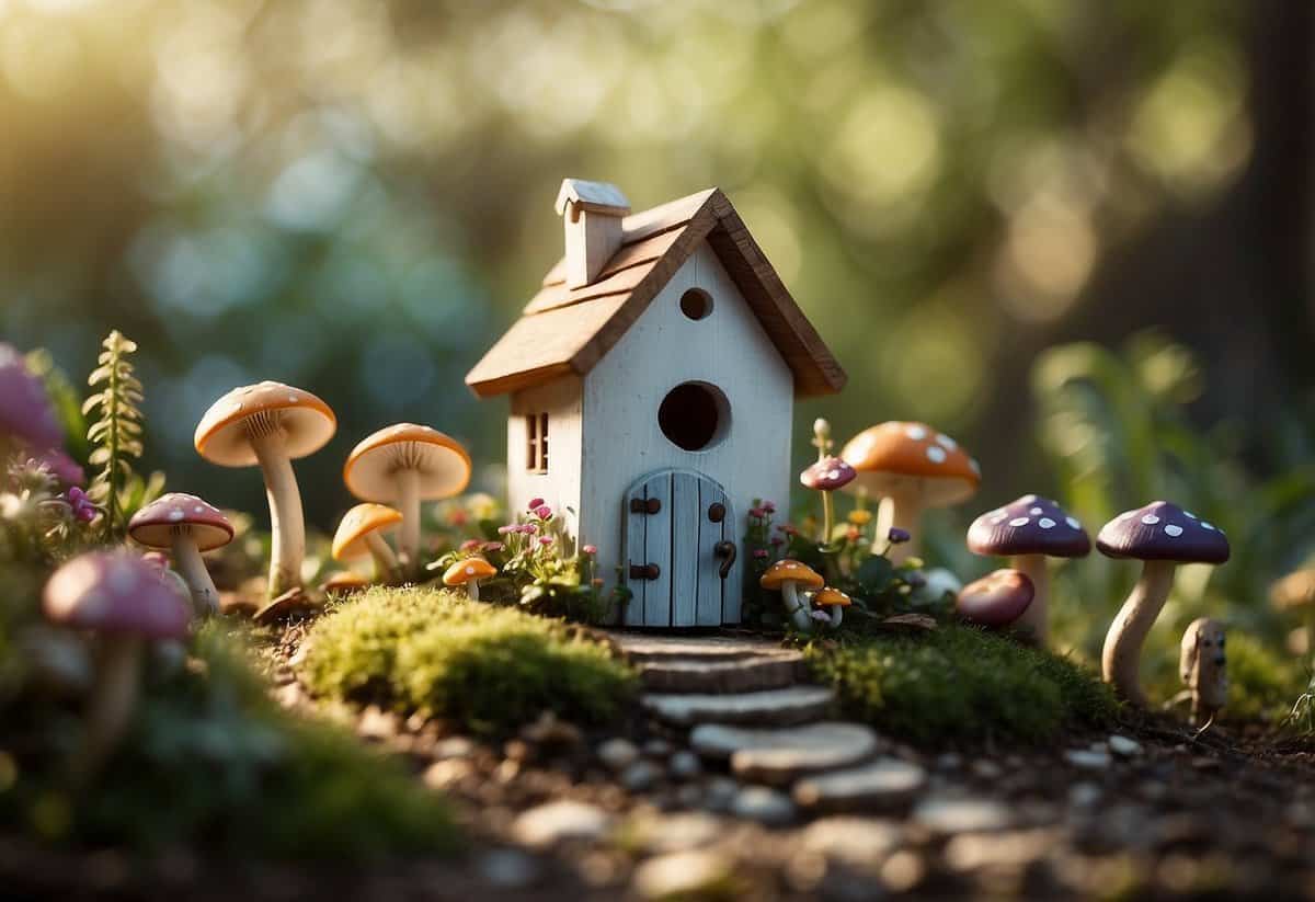 A tiny birdhouse sits in a fairy garden under a tree. Flowers, mushrooms, and a winding path complete the whimsical scene