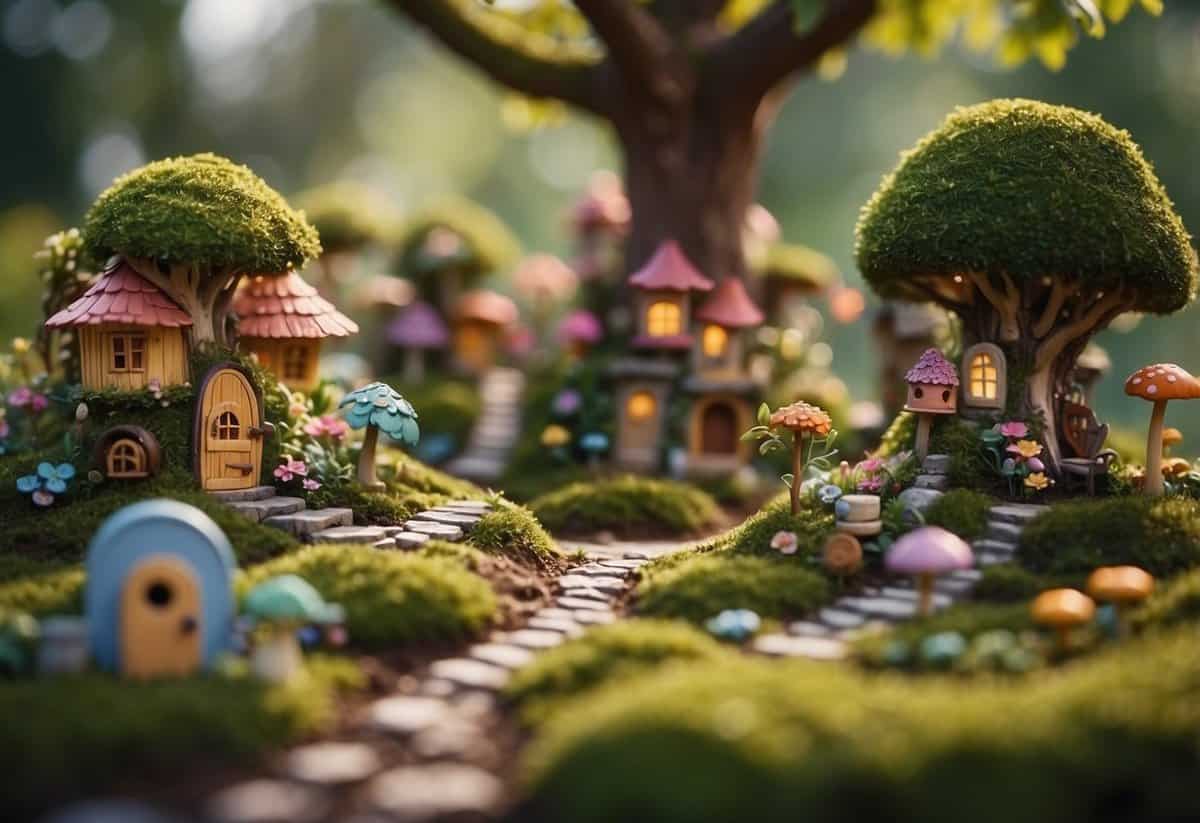 A fairy garden nestled under a majestic tree, with tiny fairy houses, winding paths, and colorful flowers creating a whimsical and enchanting scene