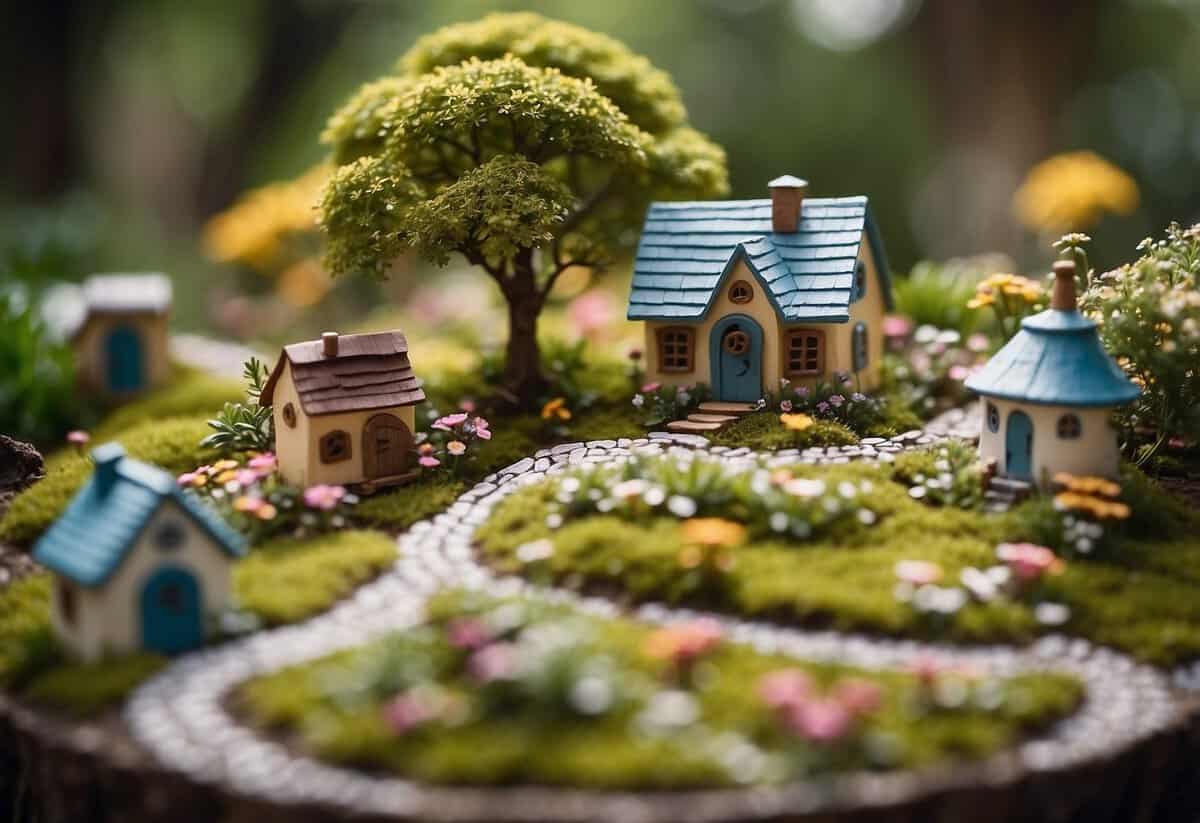 A small fairy garden under a sprawling tree, with tiny houses, colorful flowers, and a winding path