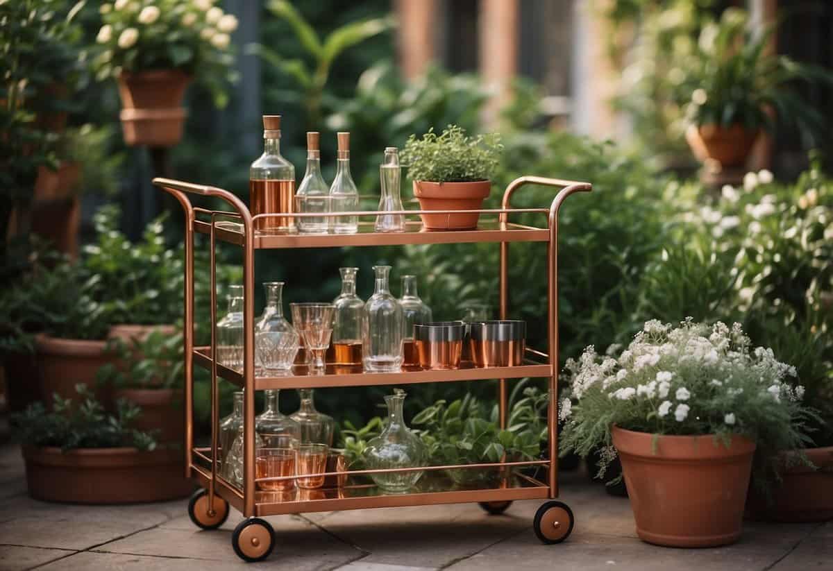 A mini copper bar cart sits in a lush garden, surrounded by potted herbs and flowers. Glasses, bottles, and cocktail tools are neatly arranged on the cart, ready for outdoor entertaining