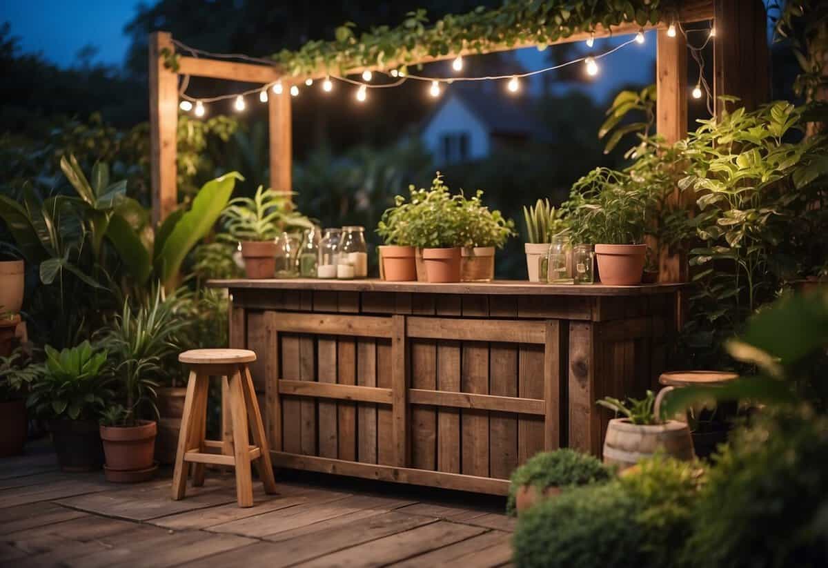 An upcycled wooden crate bar sits in a lush garden, adorned with potted plants and twinkling string lights, creating a cozy and inviting atmosphere