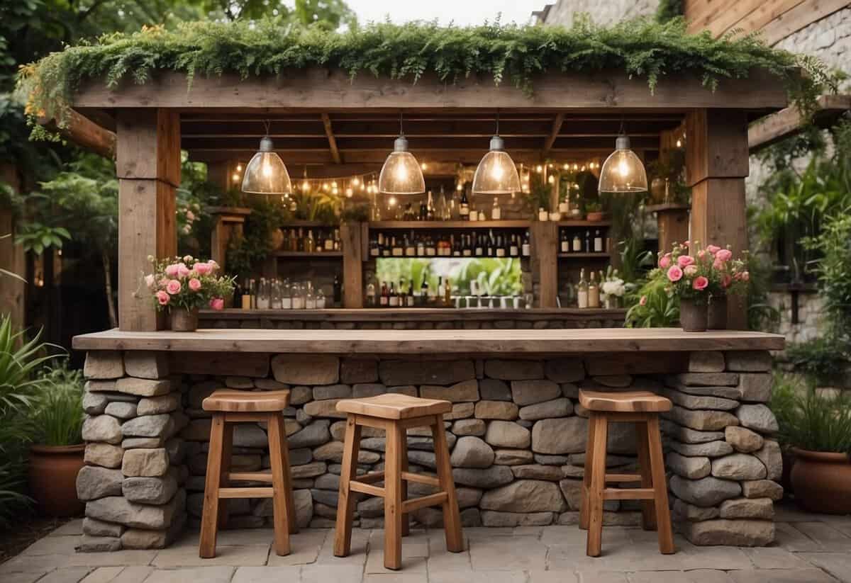 A stone bar nestled in a lush garden, surrounded by vibrant flowers and greenery. The bar is adorned with hanging lights and rustic wooden stools, creating a cozy and inviting atmosphere