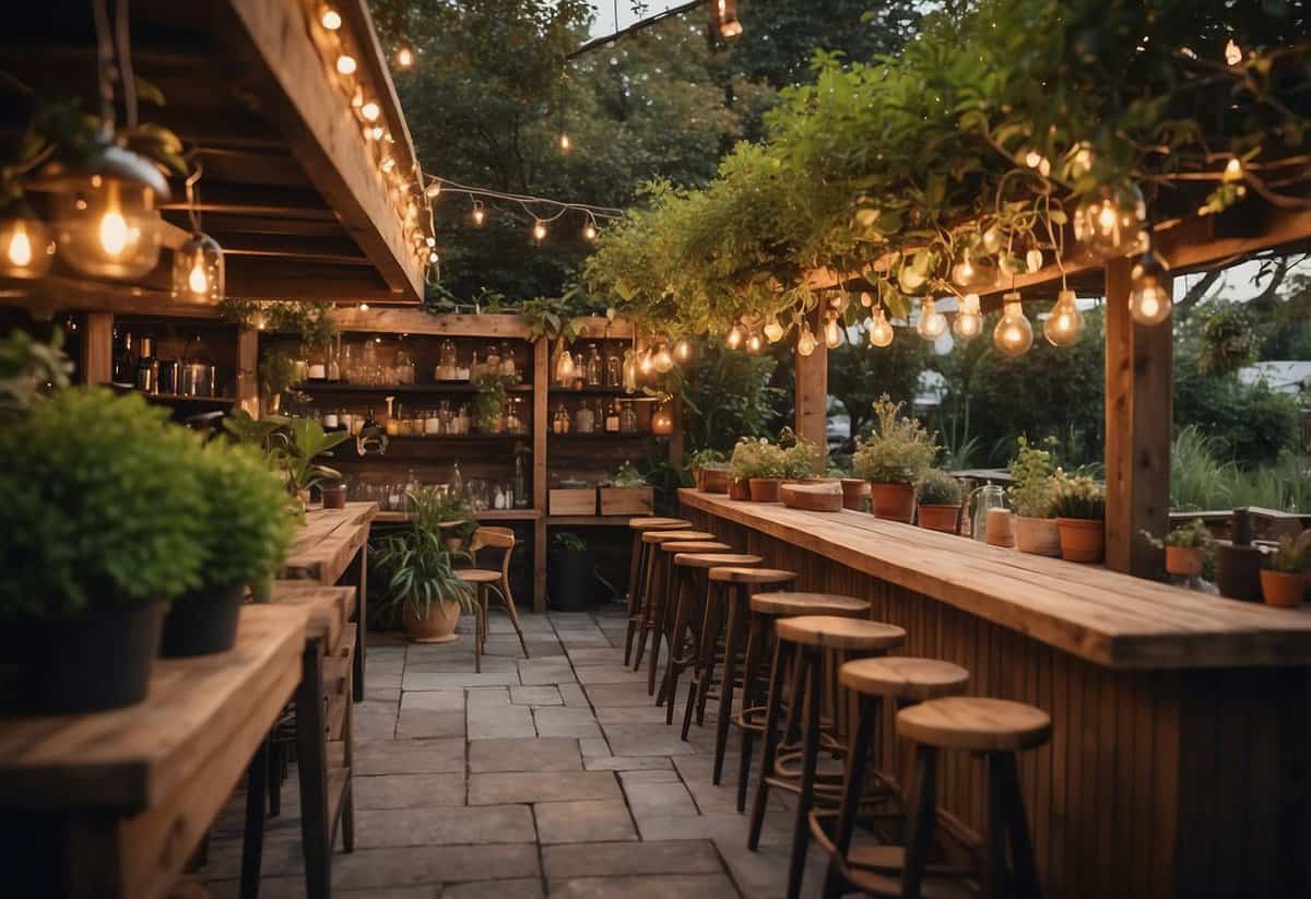 A vibrant garden bar with potted plants, hanging lights, and wooden furniture. A cozy atmosphere with a rustic feel, perfect for outdoor gatherings