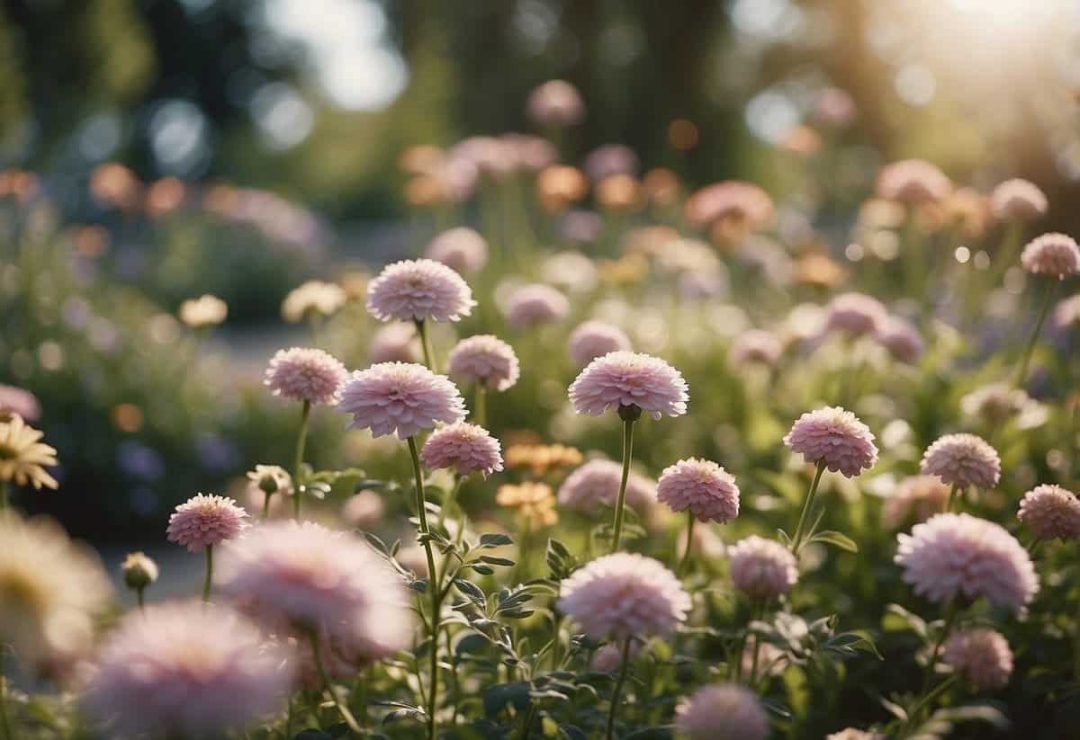 A garden filled with pastel-colored flowers, basking in the gentle morning light from the east