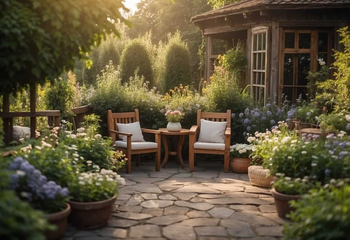 A cozy, rustic garden with wooden furniture surrounded by blooming flowers and lush greenery, facing the gentle morning sun in the east