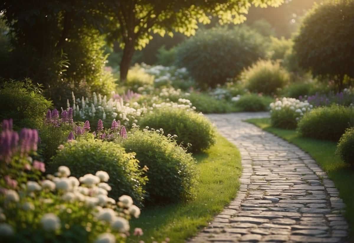 A winding stone pathway leads through a lush garden, bathed in gentle morning light from the east. Flowers and greenery border the path, creating a serene and inviting atmosphere