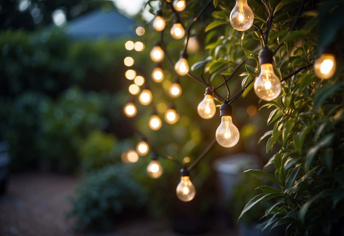 A garden with string lights hung among plants, facing east for morning sun