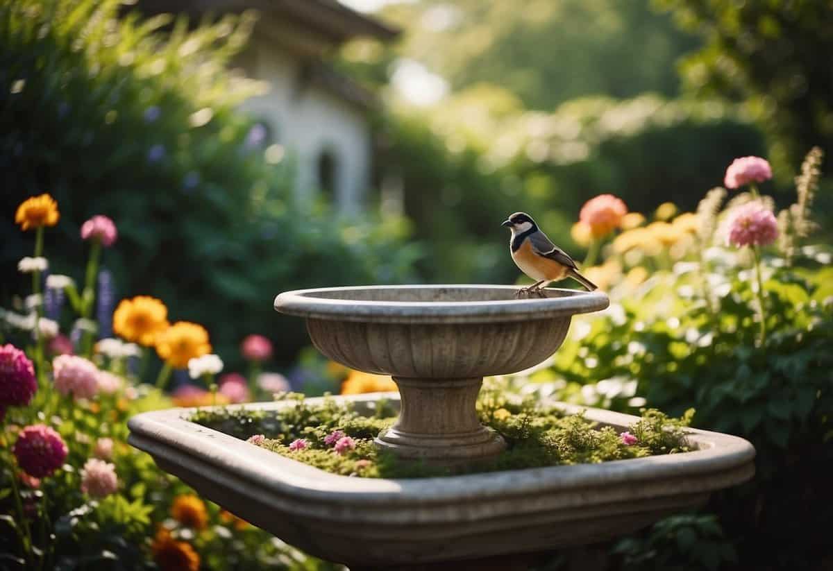 A vintage bird bath sits in an east-facing garden, surrounded by lush greenery and colorful flowers