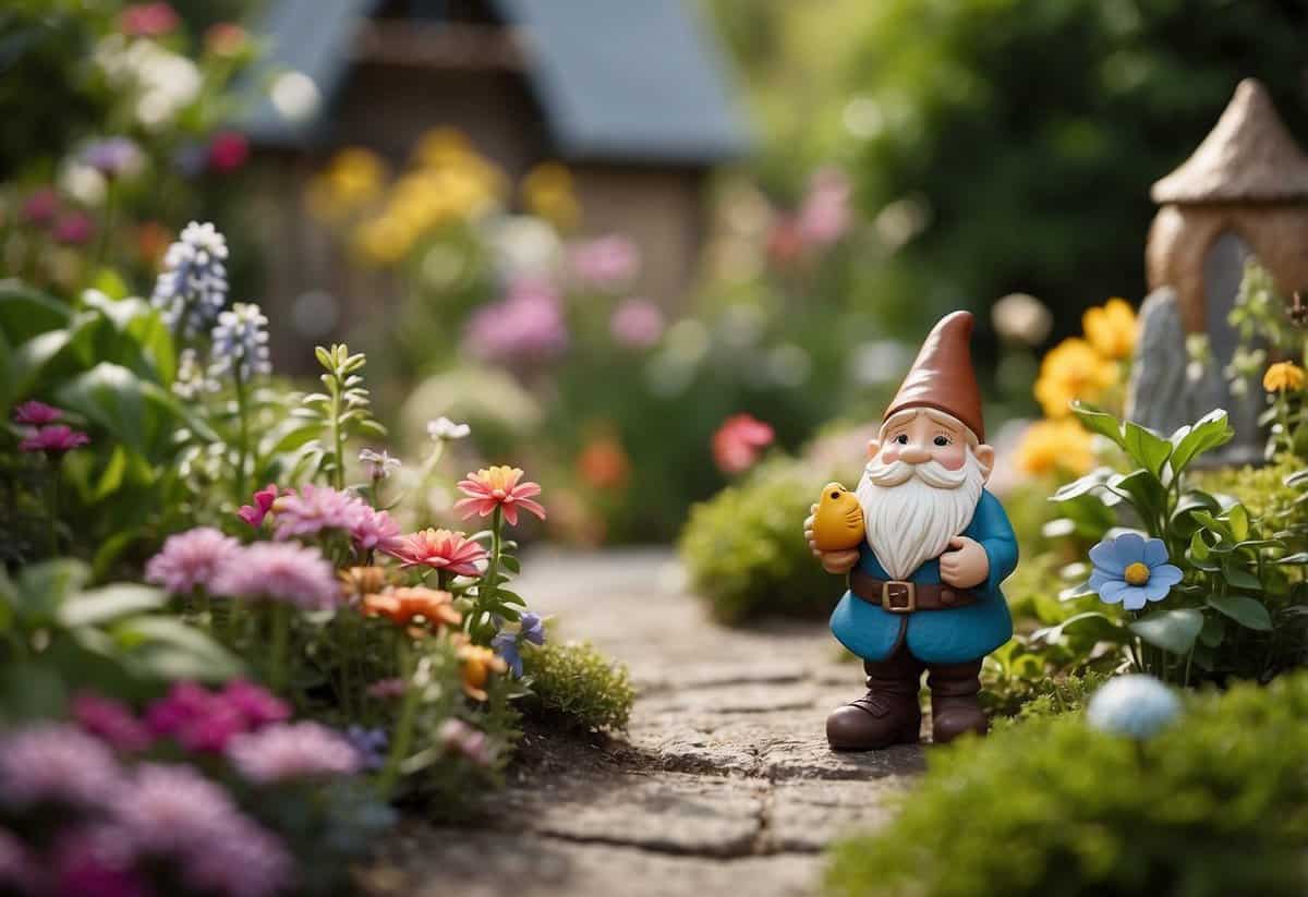 A quaint garden with colorful gnome decorations, facing east, surrounded by blooming flowers and lush greenery