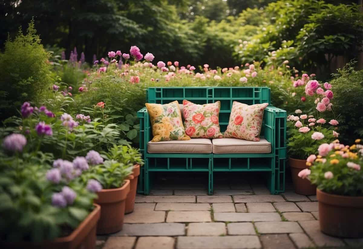 A group of upcycled milk crate seats arranged in a garden, surrounded by blooming flowers and lush greenery, creating a cozy and budget-friendly outdoor seating area