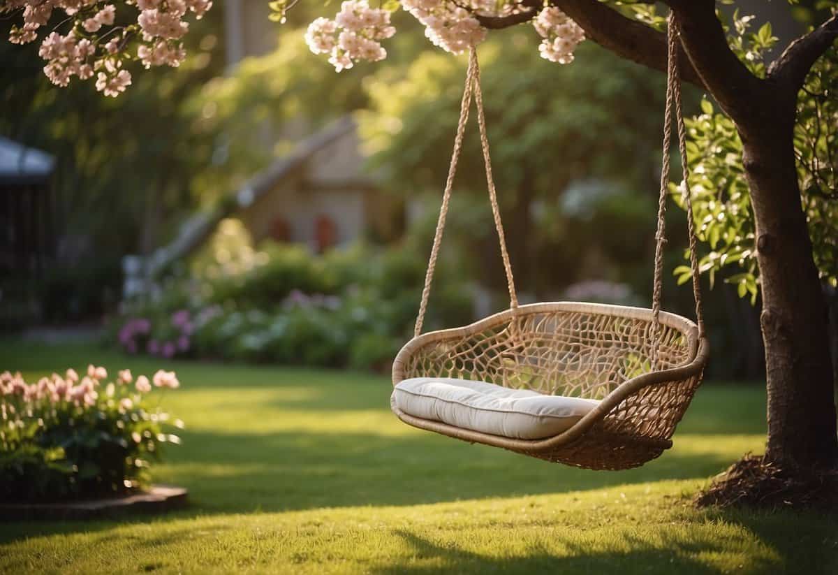 A cozy lawn swing hangs from a sturdy tree branch, surrounded by blooming flowers and lush greenery, creating a tranquil garden seating area on a budget