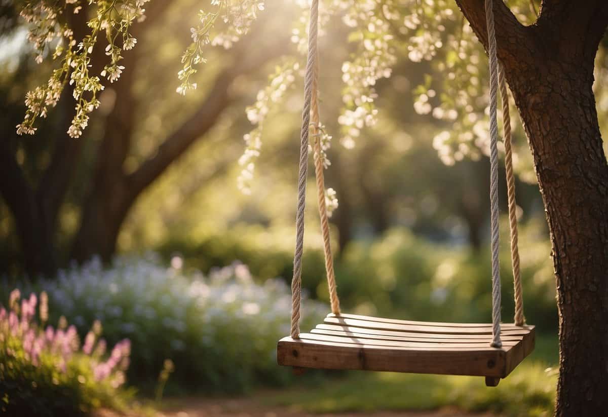 A simple wooden swing hangs from a sturdy tree branch in a rustic garden setting, surrounded by wildflowers and dappled sunlight