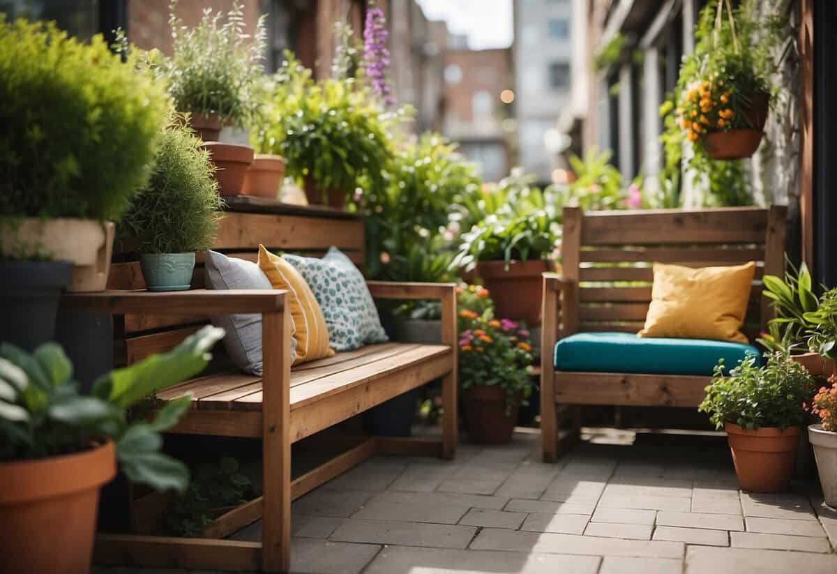 A cozy outdoor space with a mix of colorful, budget-friendly seating options. A wooden bench, a couple of mismatched chairs, and a small table with potted plants create a relaxed and inviting atmosphere