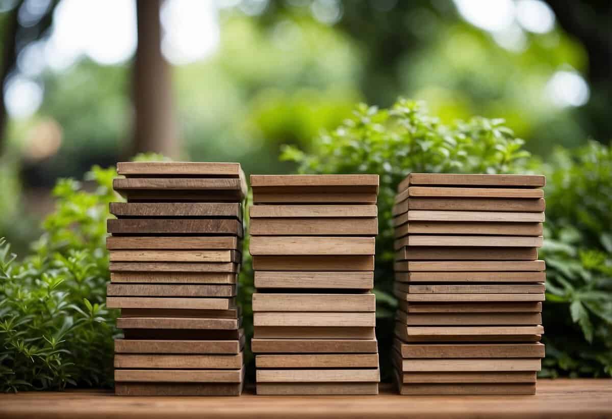 A stack of weathered wooden panels stands against a lush garden backdrop, offering inspiration for upcycled screening designs