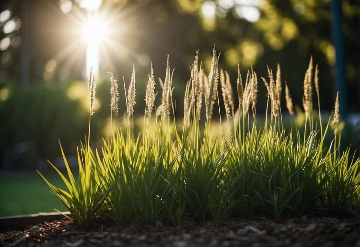 Tall potted grasses stand in a row, creating a natural garden screen. The sunlight filters through the leaves, casting shadows on the ground