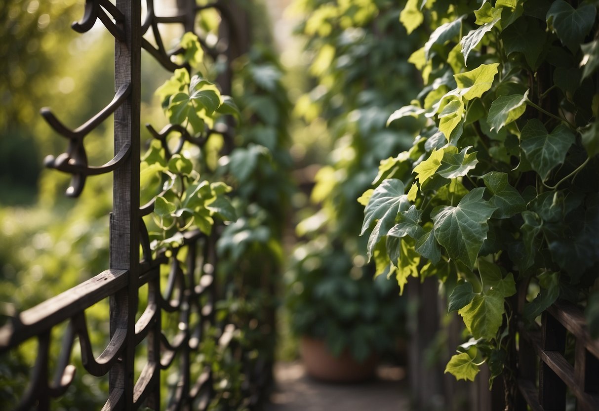 A garden with a wooden trellis covered in lush ivy, creating a natural and beautiful screen for privacy and decoration