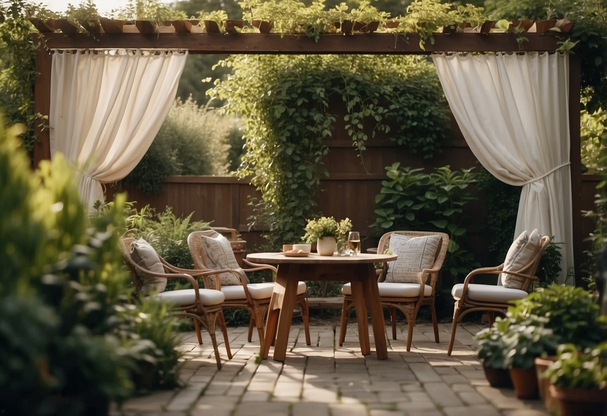 A cozy backyard with billowing outdoor curtains creating a private garden oasis. A small table and chairs are nestled among lush greenery