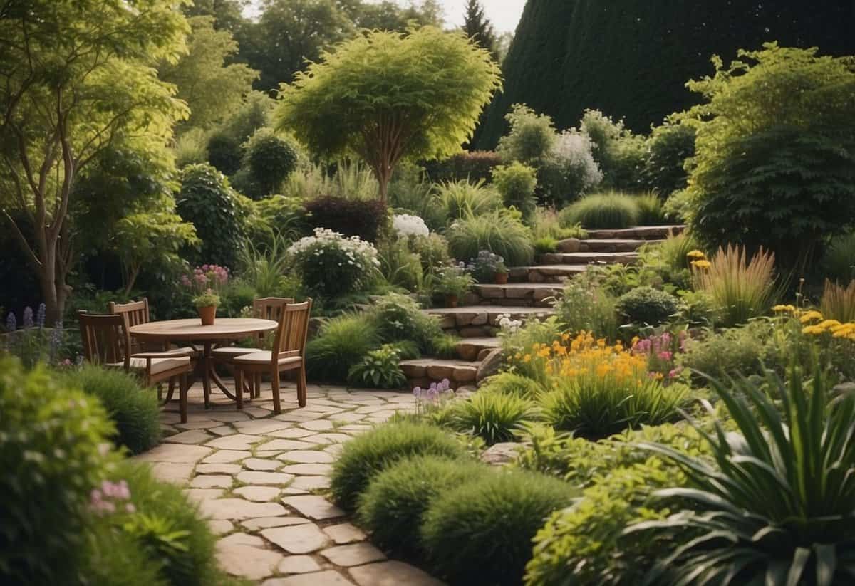 A lush garden with a variety of plants and flowers, surrounded by winding pathways and cozy seating areas. No decking in sight, but instead, a beautiful natural oasis filled with greenery and color