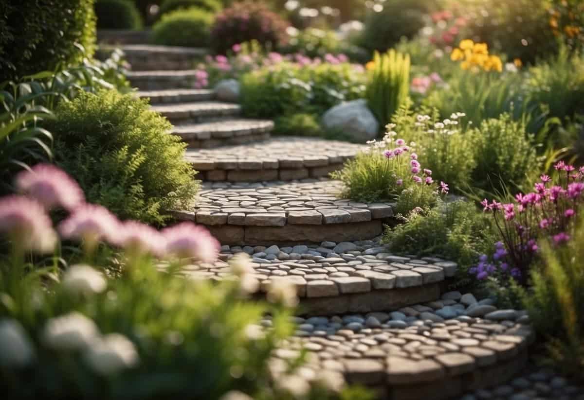 A lush garden with winding pathways, decorative stones, and vibrant flowers replaces traditional decking, creating a serene and natural outdoor space