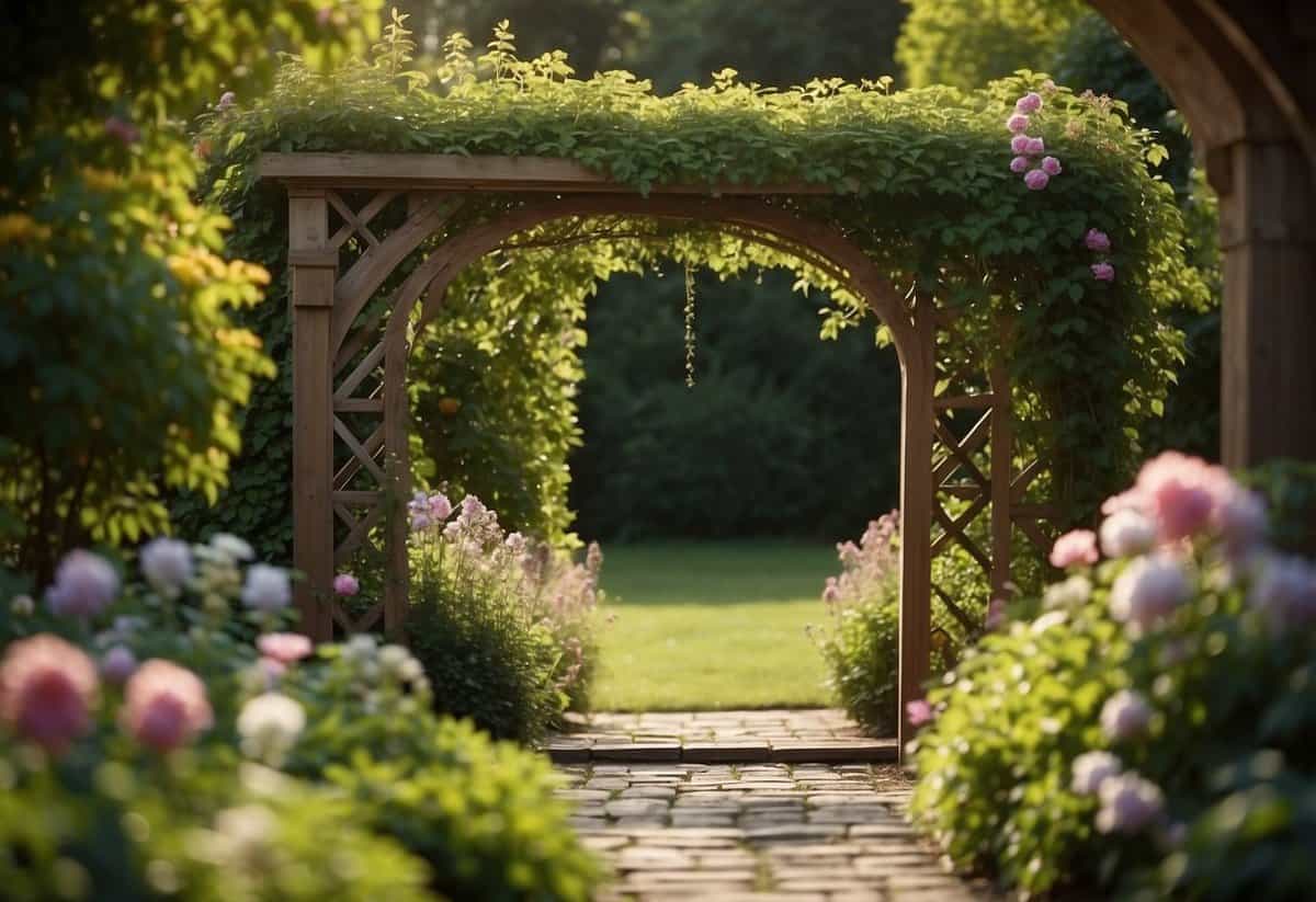 A wooden arch trellis stands in a lush garden, surrounded by blooming flowers and climbing vines, creating a charming and classic garden feature