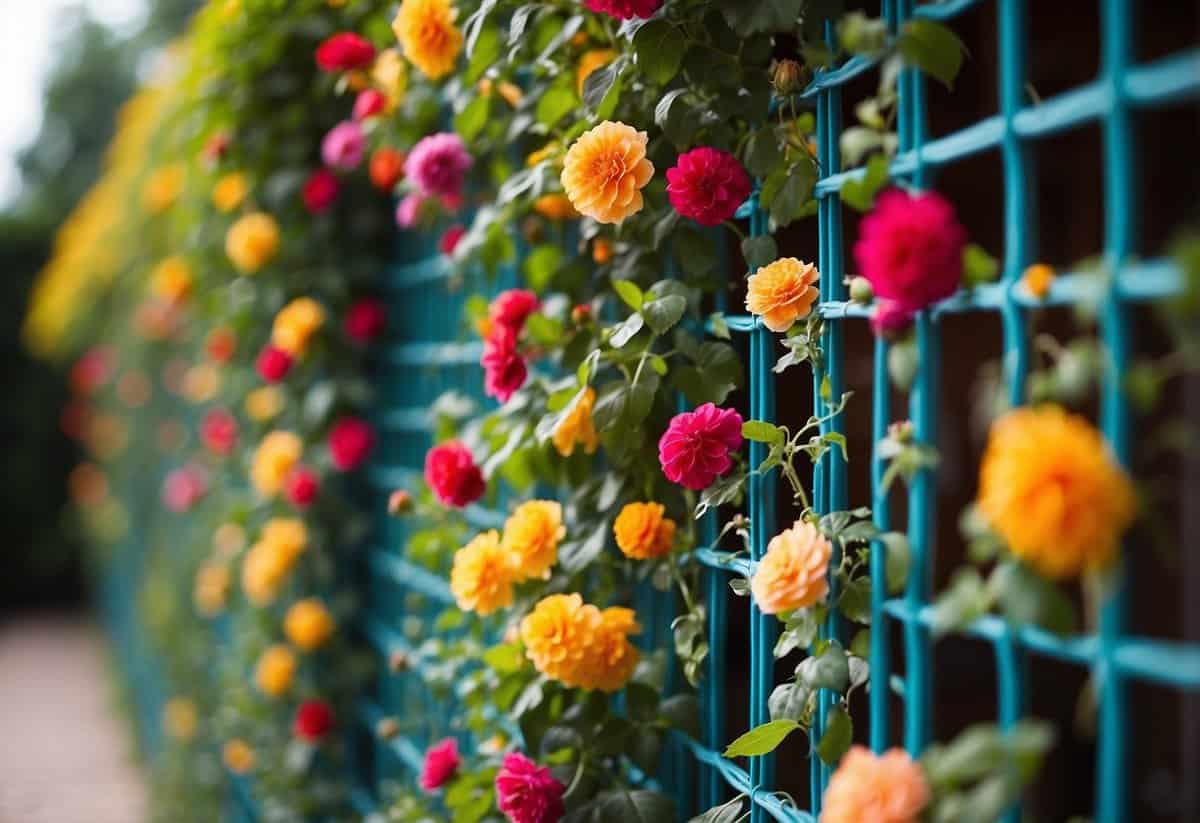 A vibrant garden lattice stands adorned with colorful flowers and climbing vines, creating a picturesque and inviting scene