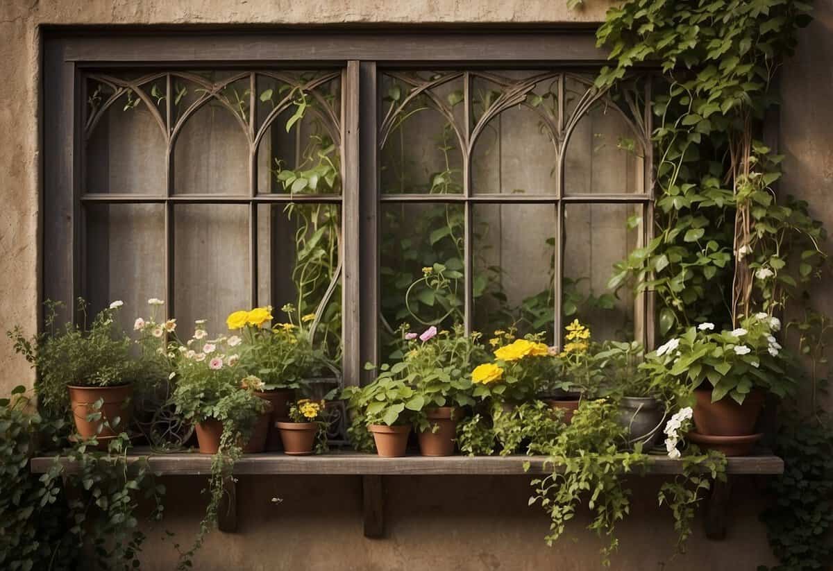 A vintage window frame serves as a garden trellis, adorned with climbing vines and flowers, creating a charming and rustic outdoor display